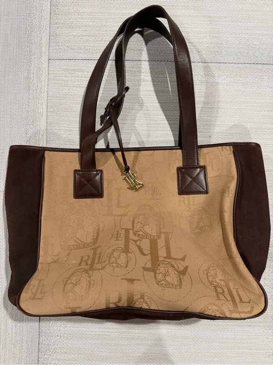 Ralph Lauren Handbags - Ralph Lauren Tan Jacquard & Dark Brown Leather Tote
